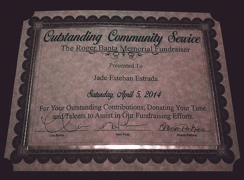 Outstanding Community Service Award - Jade Esteban Estrada Outstanding Community Service Award given to comedian Jade Esteban Estrada for his performance at the Roger Dean Banta Memorial Fundraiser in April 2014.